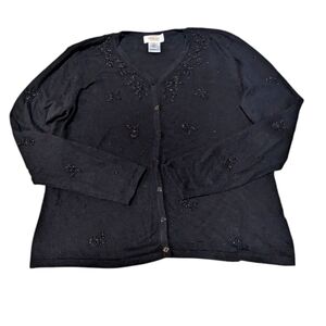 Talbot's Cardigan Beaded Black Silk Cashmere Button Up Sweater Medium Preppy